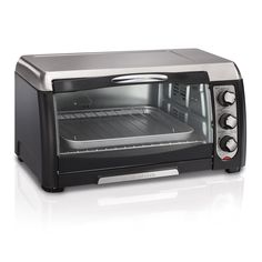 an open toaster oven on a white background