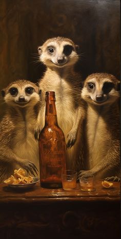 three meerkats standing around a beer bottle with peanuts in front of them