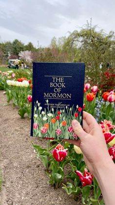 the book of mormon is held up in front of some tulips and other flowers