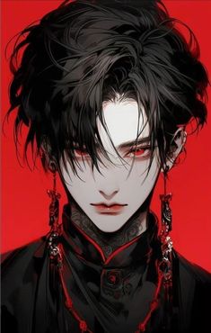 an anime character with black hair and piercings on his ears, wearing red earrings