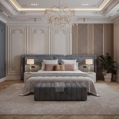 a large bed sitting in the middle of a bedroom next to a chandelier