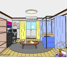 a drawing of a bedroom with a bed, dressers and television in it's center