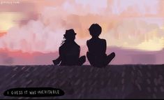 two people sitting on a roof looking out at the sky with clouds in the background