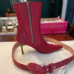 Beautiful Red Leather Boots With Matching Red Leather Belt, Red Leather Boots With Buckle Closure, Red Leather Boots, Shoes Heels Boots, Leather Belt, Lady In Red, Red Leather, Shoes Women Heels, Leather Boots, Heeled Boots