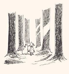 an ink drawing of a person walking through the woods in front of some tall trees