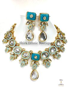 High quality Bikaneri kundan necklace with a beautiful blue carved natural stone and subtle blue meenakari. Gold plated uncut kundan necklace. Matching dangle earrings. Lightweight with pushback enclosure. Pearl Mala, Rani Haar, Pumpkin Bead, Necklace Matching, Dangler Earrings, Indian Necklace, Big Pearl, Kundan Necklace, Carved Stone