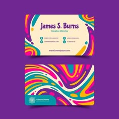 a colorful business card with an abstract design on the front and back, along with a purple background