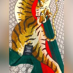 Gucci Scarf With Tiger Print Always 100% Authentic Pre Worn And In Excellent Condition As Shown In Images And Video Red And Green Stripe With Gg Pattern 70 X 200 Cm Wool 100% Box Included Gucci Scarf, Gucci Accessories, Tiger Print, Green Stripes, Scarf Accessory, Mens Accessories, Man Shop, Gucci, Wool