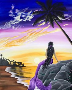 a painting of a mermaid sitting on top of a rock next to a palm tree