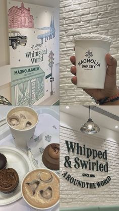 coffee and pastries are on display at the store's counter top, along with a sign that says whipped & swirled around the world