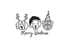 two dogs with christmas hats on their heads and the words merry holidays written in black ink