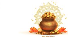 a pot filled with gold coins sitting on top of a pile of leaves next to an orange flower