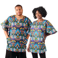 Stylish and comfortable, this African Print Dashiki makes an authentically African addition to any wardrobe. The classic dashiki has a scoop neckline with a small V, short sleeves, and two convenient pockets in the front. It comes in your choice of five styles. Style A features a bright geometric pattern in blue, yellow, green, white, and black. Style B is black features a geometric pattern if half circles and triangles in orange and yellow with white dots and dashes. Style C features geometric Ceremonial Clothing, African Dashiki, African Mud Cloth, Orange And Yellow, African Clothing, African Print, Triangles, African Fashion, Unisex Clothing