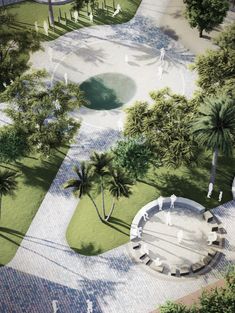 an artist's rendering of a park with trees, benches and people walking around