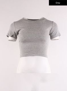 crew-neck-slim-crop-top-if402 / Gray Gray High Stretch Casual Tops, Trendy Fitted Plain Tops, Trendy Fitted Plain T-shirt, Trendy Fitted Gray Crop Top, Casual Gray Crop Top For Everyday, Basic Plain Crop Top, Gray Tops For Everyday Summer Wear, Gray Everyday Tops For Summer, Trendy Solid Color Crop Top For Day Out