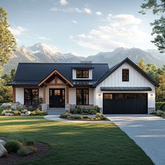 this is an artist's rendering of a house in the mountains with black and white shingles