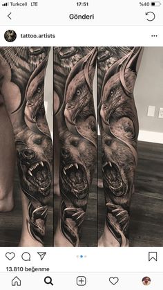 the legs are decorated with tattoos and designs on them, including two wolfs that appear to be attacking each other