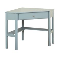 a small blue desk with one drawer open