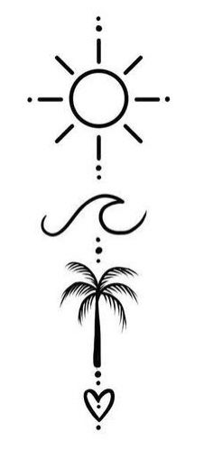 the sun and palm trees are drawn in black ink on a white background with hearts