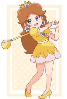 a girl in a yellow dress holding a golf club