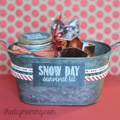 a snow day survival kit in a metal bucket