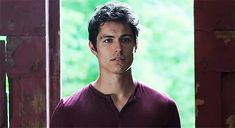 a young man standing in front of a window looking at the camera while wearing a red shirt