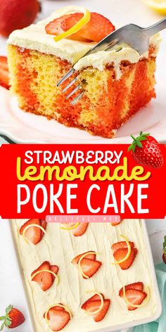 Made with lemon cake, lemonade, and strawberry jello, this Strawberry Lemonade Poke Cake is inspired by the classic refreshing summer drink and delivers a sweet citrusy flavor. It’s super easy to make and the perfect dessert for luncheons, backyard BBQs, and get-togethers! Strawberry Lemonade Poke Cake Recipe, Lemon Strawberry Poke Cake, Lemon Poke Cake Recipe Jello, Summer Poke Cake, Lemonade Poke Cake Recipe, Strawberry Lemonade Poke Cake, Strawberry Lemonade Cake Recipe, Lemonade Desserts, Strawberry Poke Cake Recipe