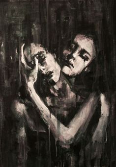 a black and white painting of a man holding a woman's head in his arms