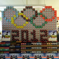 a display in a store filled with lots of soda