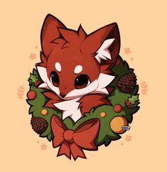 a red fox sitting in a wreath with pine cones on it's head and eyes