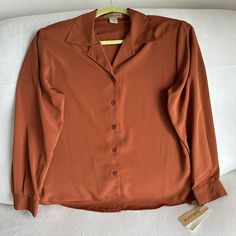 Notations Womens Size M Burnt Orange Blouse Shirt Long Sleeve New With Tags Retro Collared Top For Work, Retro Fall Workwear Tops, Retro Collar Top For Fall, Solid Retro Tops For Fall, Retro Solid Tops For Fall, Vintage Blouse For Work, Retro Button-up Tops For Fall, Vintage Solid Color Tops For Workwear, Vintage Solid Color Tops For Work