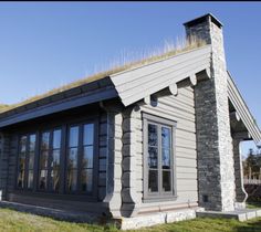 a house with grass on the roof and windows