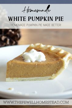 a slice of pumpkin pie on a white plate with the words holiday dinner hacks