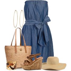 Summer Dress~, created by tammylo-12 on Polyvore Feminine Summer Dresses, Polyvore Outfits Summer Classy, Summer Outfit Polyvore, Polyvore Outfits Summer, Casual Dress Summer, Booties Outfit, Denim Dresses, Mode Casual, Summer Styles