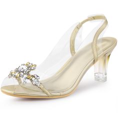 Looking for the perfect summer sandals to add to your shoe collection? Look no further! These glamorous open-toe sandals feature sparkling crystal flowers on the upper, with clear straps and heels for a stunning look. The sandals have a slip-on design and a block heel for added comfort and stability. The vamp is made of PVC and the outsole is made of rubber, while the clear PC heel measures 2.8 inches. Don't forget to check the size measurement chart before placing your order to ensure the perfe Glamorous Gold Slingback Pumps For Summer, Glamorous Gold Open Toe Slingback Pumps, Glamorous Summer Slingback Pumps With Low Heel, Glamorous Summer Low Heel Slingback Pumps, Glamorous Open Toe Slingback Sandals For Wedding, Summer High Heel Slingback Pumps With Rhinestones, Summer Rhinestone Slingback Pumps With Ankle Strap, Summer Slingback Pumps With Rhinestones And Ankle Strap, Summer Slingback Pumps With Rhinestones