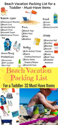 the beach vacation packing list for toddlers is shown in this graphic style, and includes items