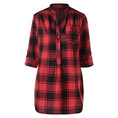 Front Pocket Half Button Tartan Blouse - Multi - 3Y89948012 - Women's Clothing  #WomensClothing #Women's #Clothing Tartan Blouse, Blouse Size Chart, Plaid Sleeve, Cheap Blouses, Blouse Price, Fall Collection, Style Chic, Long Blouse, Colorful Fashion