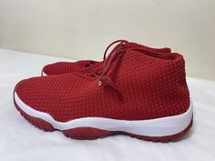 Elevate your sneaker game with these Nike Air Jordan Future shoes. With a stylish and retro design, these mid-top sneakers come in a solid gym red color with white accents. Perfect for any occasion, whether it's casual, activewear, or workwear, these shoes feature a lace-up closure and standard shoe width. Crafted with high-quality fabric material, the Jordan Future shoes have a foam insole for added comfort and a fabric lining for breathability. These athletic shoes are a size 9.5 in men's, wit Red Jordan Lace-up Shoes For Light Sports, Red Lace-up Jordan Shoes For Light Sports, Red Lace-up Jordan Shoes For Casual Wear, Red Jordan Shoes For Light Sports, Red Jordan Shoes With Red Sole For Light Sports, Red Breathable Jordan Shoes For Light Sports, Casual Red Jordan Running Shoes, Jordan Character, Jordan Future