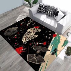 a living room area rug with star wars artwork on it