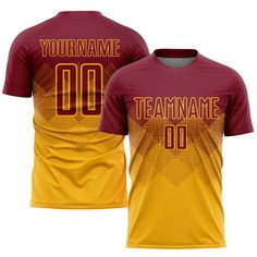 a maroon and yellow soccer jersey with the name teamname on it