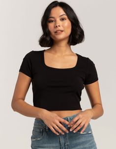 Tillys Square Neck Tee. Square Neckline. Short Sleeve. Fitted Silhouette. Cropped Fit. Stretchy And Soft For Maximum Comfort. 55% Cotton, 35% Rayon, 10% Spandex. Hand Wash. Imported. Model Is Wearing A Size Medium. Model Measurements:height: 5'8" Bust: 32"waist: 25"hips: 36" Square Neck Black Top, Black Fitted Top Outfit, Seamless Crew Neck Tops, Seamless Cropped Top, Everyday Fitted Seamless Tops, Basic Stretch Cropped Tops, Fitted Seamless Tops For Everyday Wear, Fitted Seamless Casual Tops, Everyday Stretch Tops