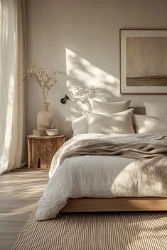 Room Inspo Neutral Colors, Clean Neutral Bedroom, Natural Linen Bedroom, Minimalist Zen Interior, Minimal Neutral Bedroom, Natural Bed Linen, Zen Bedroom Design, Zen Bedroom Ideas, Minimal Bedroom