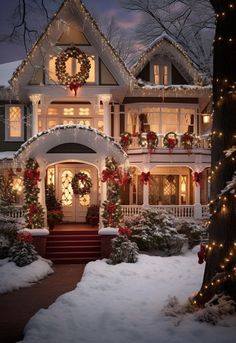 a large white house with christmas decorations on it's front porch and trees covered in snow