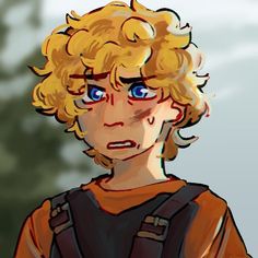 a drawing of a boy with blonde hair and blue eyes looking at something in the distance