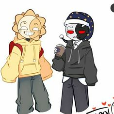 two cartoon characters are standing next to each other, one is wearing a mask and the other has a hoodie