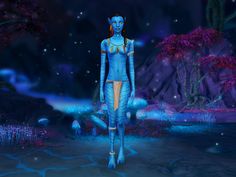 a woman dressed in blue walking through a forest