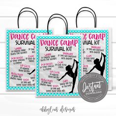 two dance camp survival kit bags with the text dance camp survival on it and an image of