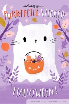 a purple halloween card with an image of a cat holding a pumpkin in it's mouth