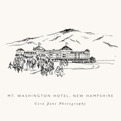 a black and white drawing of a hotel with mountains in the background