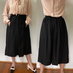 "Beautiful Valentino black linen skirt. Buttons down the front w/ pockets on side, elastic waist on back. In excellent vintage condition. Also have one in white that is getting listed. Measurement taken flat: 13\" waist (elastic in back- safely fits 26/27\" waist...possibly 28) 29.5\" length 33\" hip (fit is loose, that measurement is it stretch laying flat to its maximum)" Black Pleated Bottoms For Daywear, Linen Lined Skirt For Workwear, Classic Full Skirt Bottoms With Pockets, Workwear Linen Pleated Skirt Bottoms, Linen Midi Skirt For Work, Linen Pleated Skirt For Work, Black Full Skirt Bottoms For Daywear, Classic Skirt With Pockets For Daytime, Classic Skirt With Pockets For Daywear